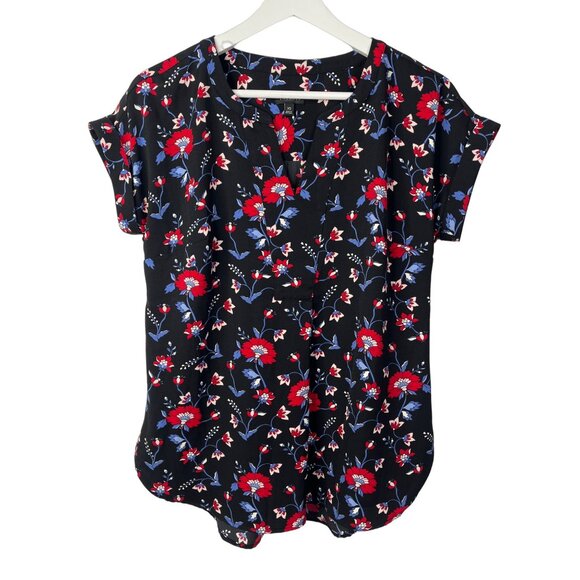 Talbots XS Black Red Floral Blouse Women’s Short Sleeve Top - Picture 1 of 9